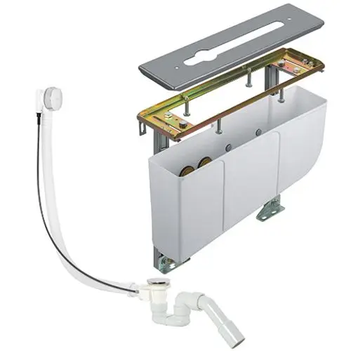 Montageeinheit von Kludi für Wannenarmaturen, bestehend aus Gehäuse, Montageplatte und Rohren zur Installation in der Wand.